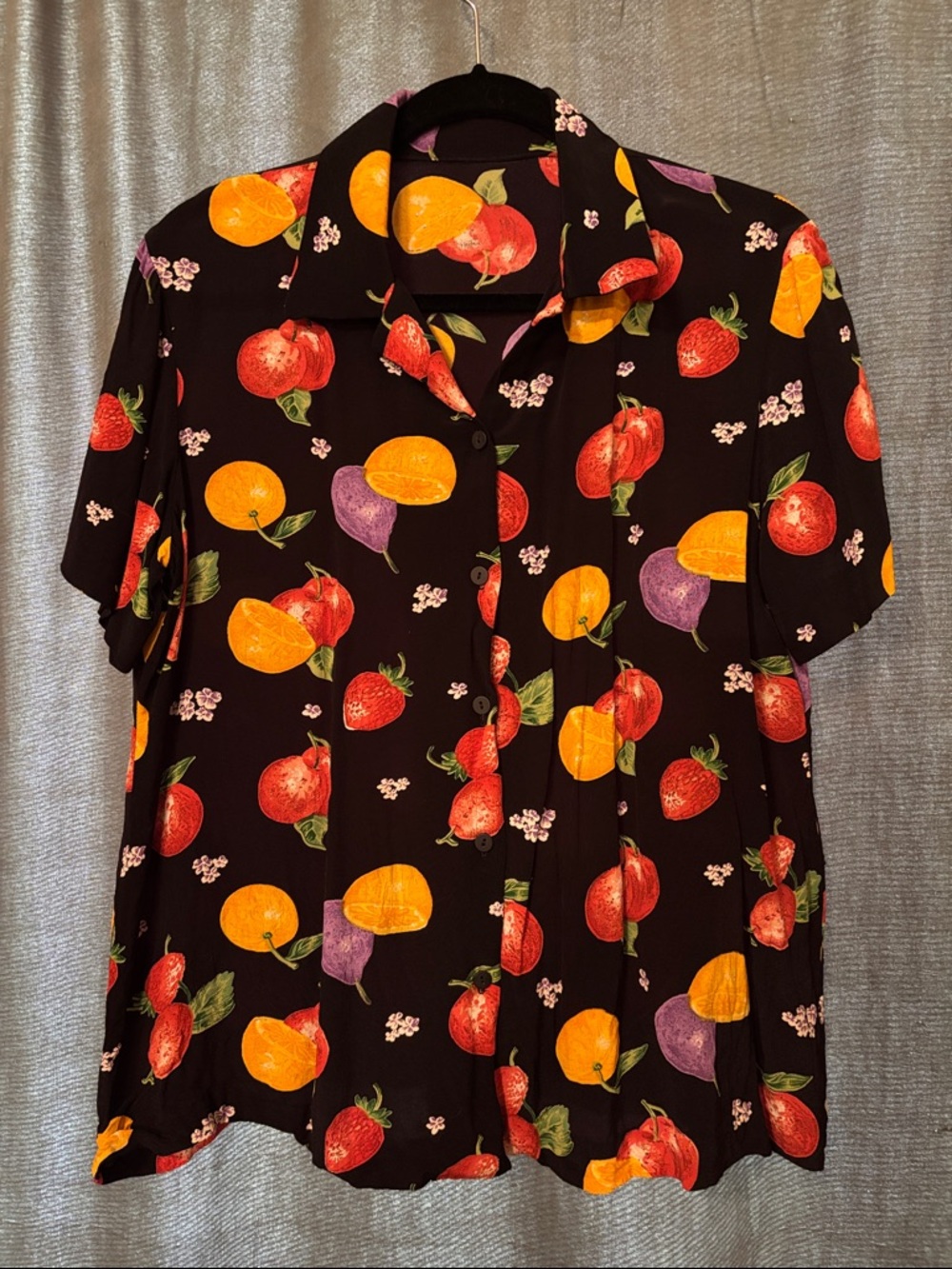 Black Fruit Print Button-Up Shirt